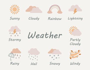 vector weather icons collection in boho style. hand drawn cute weather elements. meteorology symbols