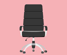 Front View Office Chair. Comfortable Black Leather Swivel Chair With High Back And Handrails. Working Interior Furniture. Cartoon Vector Flat Illustration Isolated