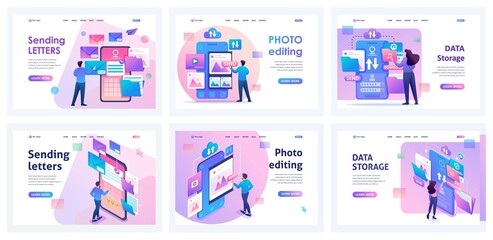 Canvas Print - set of landing pages for working with mobile app. isometric 3d and 2d illustrations. sending emails,