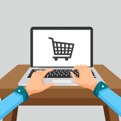 Wall Mural - online shopping concept with person and laptop. shopping cart on the screen for online purchase.