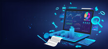 Business Dashboard Finance Management On 3D Laptop With Aspects Business Analysis And Analytics Online Through The App. Investment, Trade And Finance Management With Infographics. Vector Blue Banner