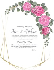 Wall Mural - Vector template for wedding invitation. Pink peonies, eucalyptus, green leaves and plants, gold frame.
