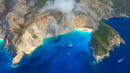 Wall Mural - navagio beach, zakynthos island, greece. aerial landscape. rocks and sea from the drone. summer land