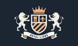 Royal, Heraldic logo template. Vintage luxury emblem with lions, monogram, crown and ribbon banner. Premium logo design. Vector illustration