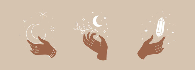 Poster - Set of mystical symbols for spiritual practices. Magical hands keep crescent, crystal, branch against background of stars. Trendy minimalist signs for design of cosmetics, jewelry, handmade products.