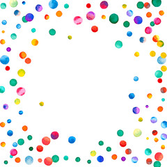 Wall Mural - Watercolor confetti on white background. Adorable rainbow colored dots. Happy celebration square colorful bright card. Exquisite hand painted confetti.