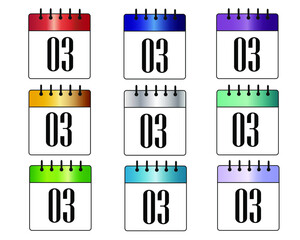 day 3. blue, red, gray, gold, green, purple and silver calendar icons. colorful calendar sets for days of the month