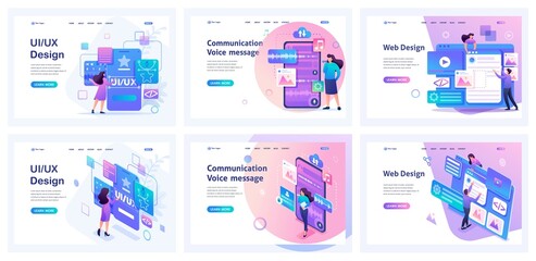Wall Mural - set of landing pages for working with mobile app. isometric 3d and 2d illustrations. creating an app