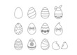 Zestaw jajek wielkanocnych w różnych wzorach. Kontury na białym tle. Świąteczne pisanki. Ilustracja wektorowa.
