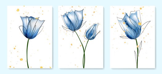 Floral watercolor art background with blue flowers and golden elements. Botanical set with art line elements for decoration, interior design, packaging, invitations