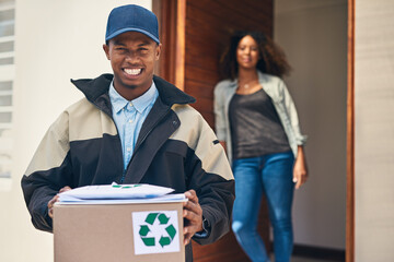 Poster - We deliver door-to-door for your convenience. Portrait of a courier making a home delivery to a customer.