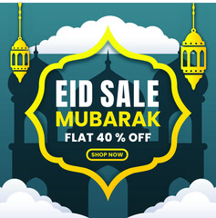 Canvas Print - Eid Sale Poster Design With  Discount Offer And Hanging Lanterns And Silhouette Mosque Background.