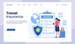 © yelosmiley - Travel insurance, protection, shield or umbrella protect, policy, landing page flat illustration vector landing page