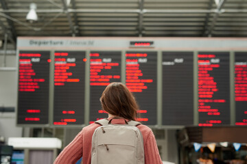 Poster - So many flights. Rearview shot of an unrecognizable young woman standing in an airport.