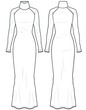 © Jasmin - Women Winter Long Dress, High Neck Raglan Long Sleeve Knit Maxi Dress, Turtleneck Long Sleeve Knit Long Dress Front and Back View fashion illustration, Vector, CAD, technical drawing, flat drawing.