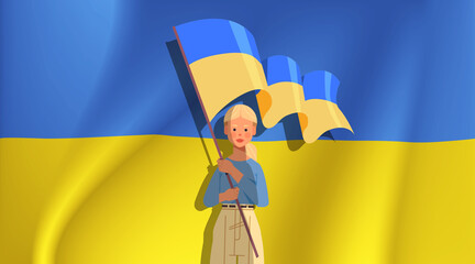 Wall Mural - woman holding Ukrainian flag pray for Ukraine peace save Ukraine from russia stop war concept