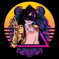 Sticker - Cute cyberpunk girl vector illustration