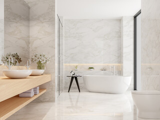 Wall Mural - Modern luxury bathroom with white marble 3d render,decorated with wooden sink counter