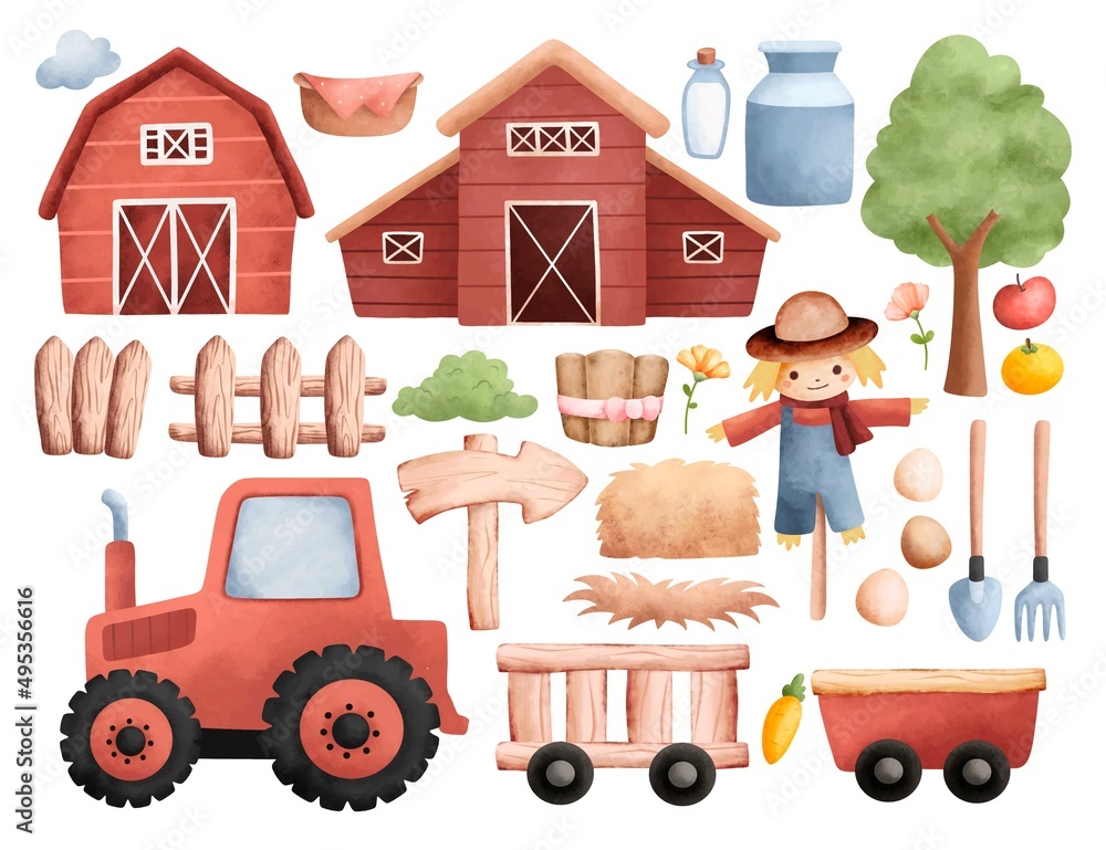 Watercolor Illustration set of Farm Elements Stock Vector | Adobe Stock