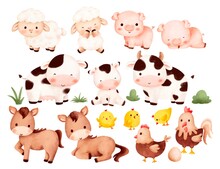 Watercolor Illustration Set Of Farm Animals 