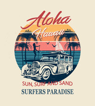 Honolulu Typography For T-shirt Print With Sun,beach And Retro Woody Car.Vintage Poster.