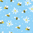 © Светлана Вдовина - Daisy and bee seamless pattern. Flowers, petals and cartoon bees on a blue background. Vector.