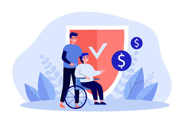 Wall Mural - welfare and money savings protection for people with disability. man sitting in wheelchair near shie