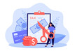 Employee holding scissors to cut banknotes. Reduction of income due to tax deduction for tiny woman flat vector illustration. Taxation, debt concept for banner, website design or landing web page