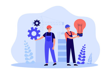 Wall Mural - innovation and new projects from tiny construction workers. male characters holding gear and light b