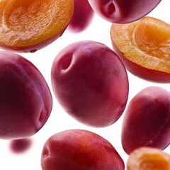 Wall Mural - Red plums levitate on a white background