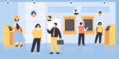 Wall Mural - security cameras with facial recognition system in bank. face analysis of people withdrawing cash fr