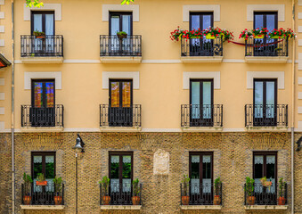 Sticker - Stone house facades in Pamplona Spain, town famous for bull running