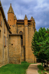 Wall Mural - Tree lined alley leading to Cathedral of Pamplona, Spain famous for bull running