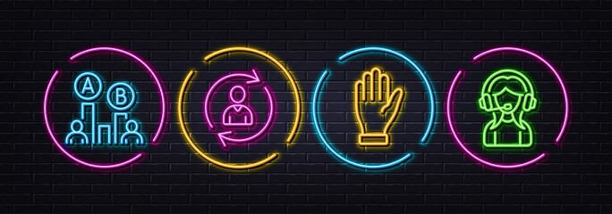 Person info, Hand and Ab testing minimal line icons. Neon laser 3d lights. Support icons. For web, application, printing. Refresh user data, Waving palm, Test chart. Call center. Vector