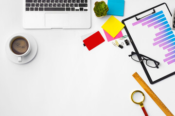 Canvas Print - Office desk with laptop, blank notebook and coffee cup