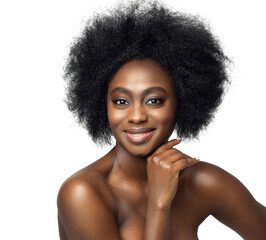 Wall Mural - Happy African Beauty Model Face with Afro Hairstyle. Cheerful smiling Woman with Dark Skin and Black Curly Hair over isolated White. Women Cosmetic and Cosmetology Care