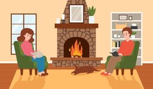 Couple Sitting On Armchairs In Front Of Fireplace, Cozy Living Room Interior, Flat Vector Illustration.