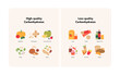 Food guide concept. Vector flat modern illustration. High and low quality carbohydrate sources infographic comparison with labels. Colorful food icon set.