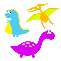 Wall Mural - Dinosaur icon set. Dino baby character. Cute cartoon funny kawaii baby animal. Colorful sticker. Flat design. Violet and pink color. White background. Isolated.