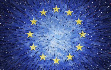 Wall Mural - crowd of people on european union flag. eu society