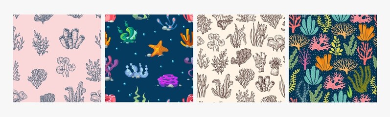 Wall Mural - Seaweed and corals seamless pattern. Underwater plants background. Sea algae sketch and cartoon elements. Ocean flora vector textures