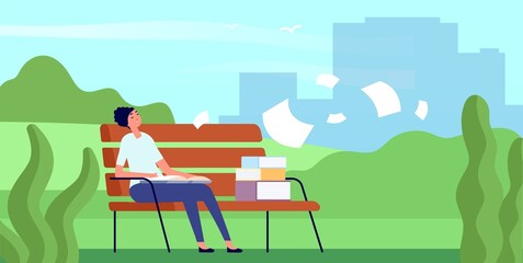 Canvas Print - Tired student with book sleep on bench in city park. Flying paper sheets, books and dreaming reading girl. Summer outdoor time vector scene