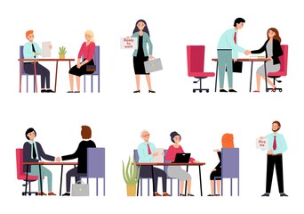 Sticker - Hr employer interview. Employee characters need job, work searching woman and wan. Isolated boss interviewing workers, recruit office decent vector set