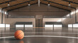 Basketball court with ball, hoop and tribune mockup, front view