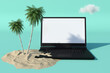 © maximilian - Sofa and umbrella on sand beach with sea and sky background. summer vacation concept. survival 3d rendering