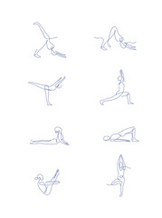 Wall Mural - Pilates line art poses set. outline vector illustration. one line yoga poses collection. women make yoga and pilates.