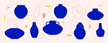 Large Set Of Different Shapes Of Decorative Vases And Pots Vector Illustration. Minimalist Shapes In Blue Colors. Contemporary Art For Home Decor. Design Element For Poster, Cover, Brochure.