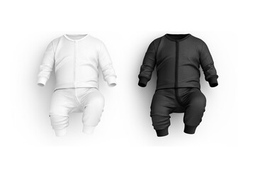 Sticker - Blank black and white baby zip-up sleepsuit mockup lying, isolated