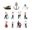 Captains and sailors. Navy marine or ocean workers mariner sailors in costume garish vector set