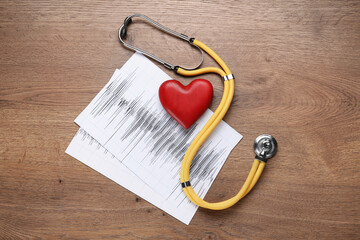 Wall Mural - Stethoscope, red heart and cardiogram on wooden table, flat lay. Cardiology concept